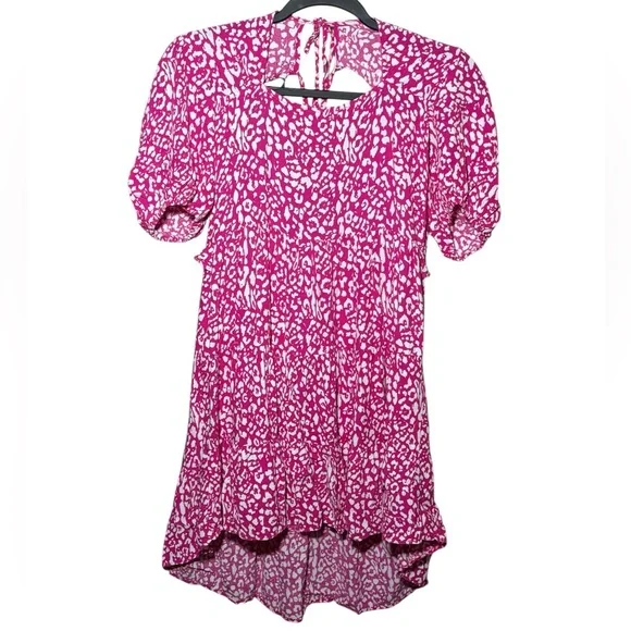 Zara Pink Leopard Print Cut Out Puff Sleeve Mini Dress M - Picture 2 of 14